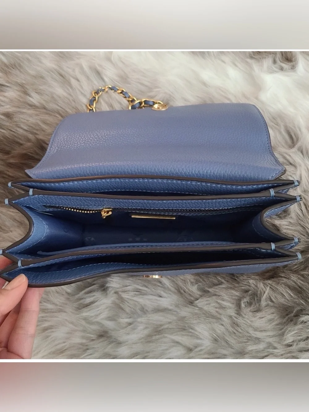 Tory Burch Navy Pebbled Leather Crossbody with Gold Logo Chain